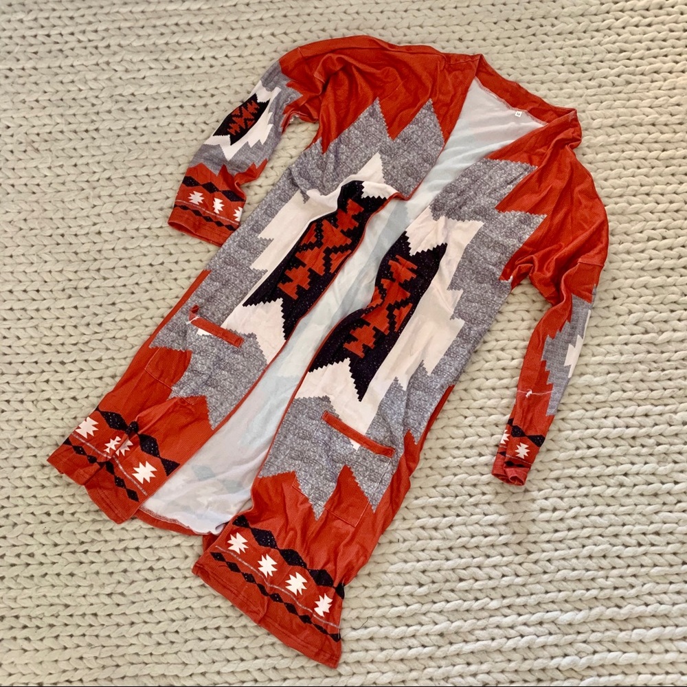 Rust orange tribal print duster cardigan
